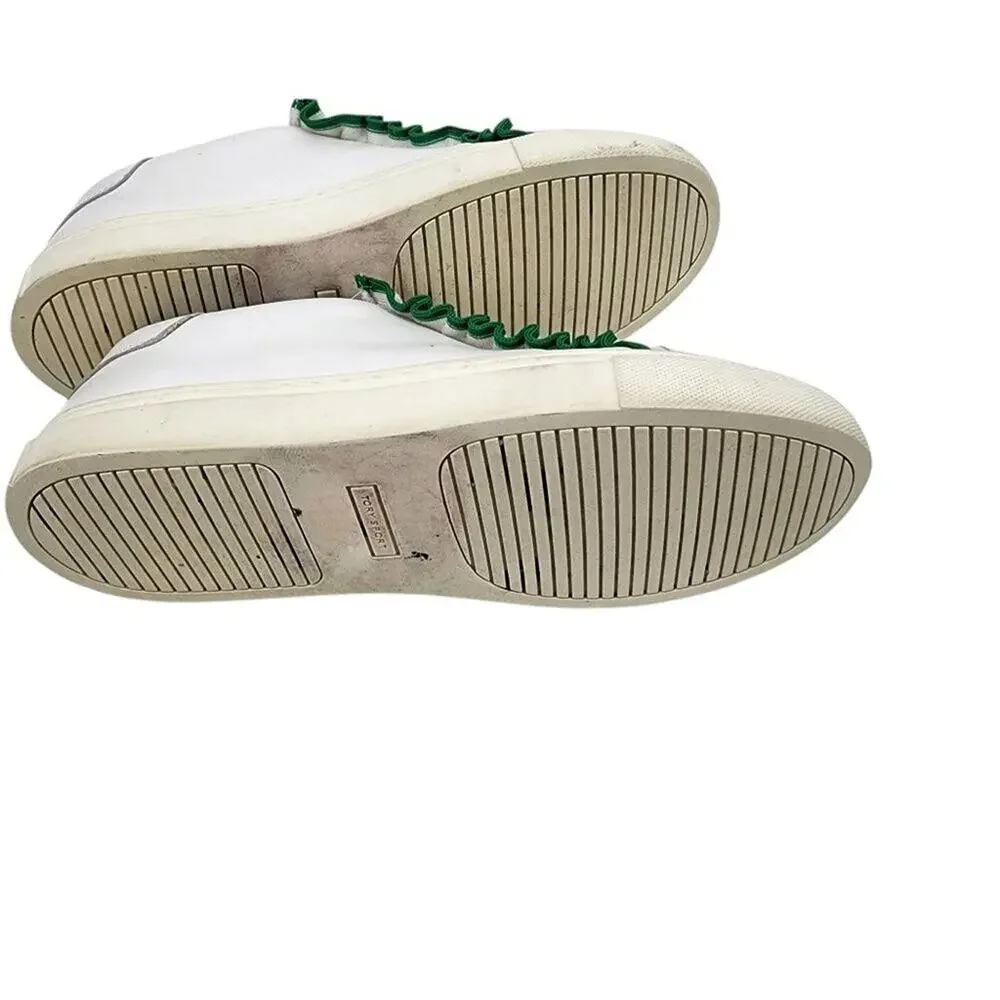 Tory Burch Womens White & Green Leather Sneakers W/ Ruffle Detail Size 7.5